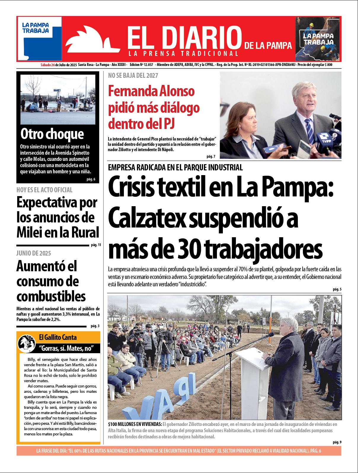 Tapa de El Diario en papel  saacutebado 26 de julio de 2025